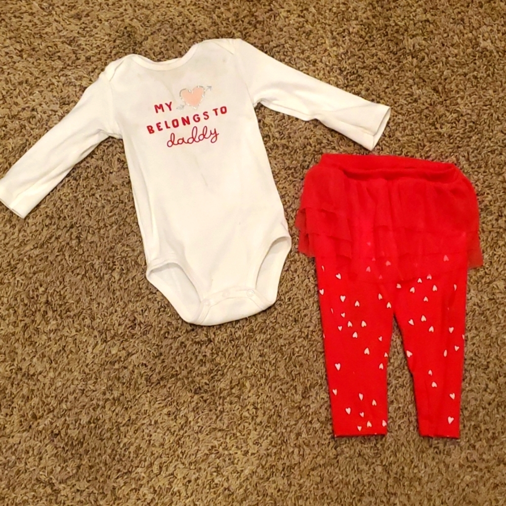 2 piece matching long sleeve onesie with red and pink hearts pants with ruffles
